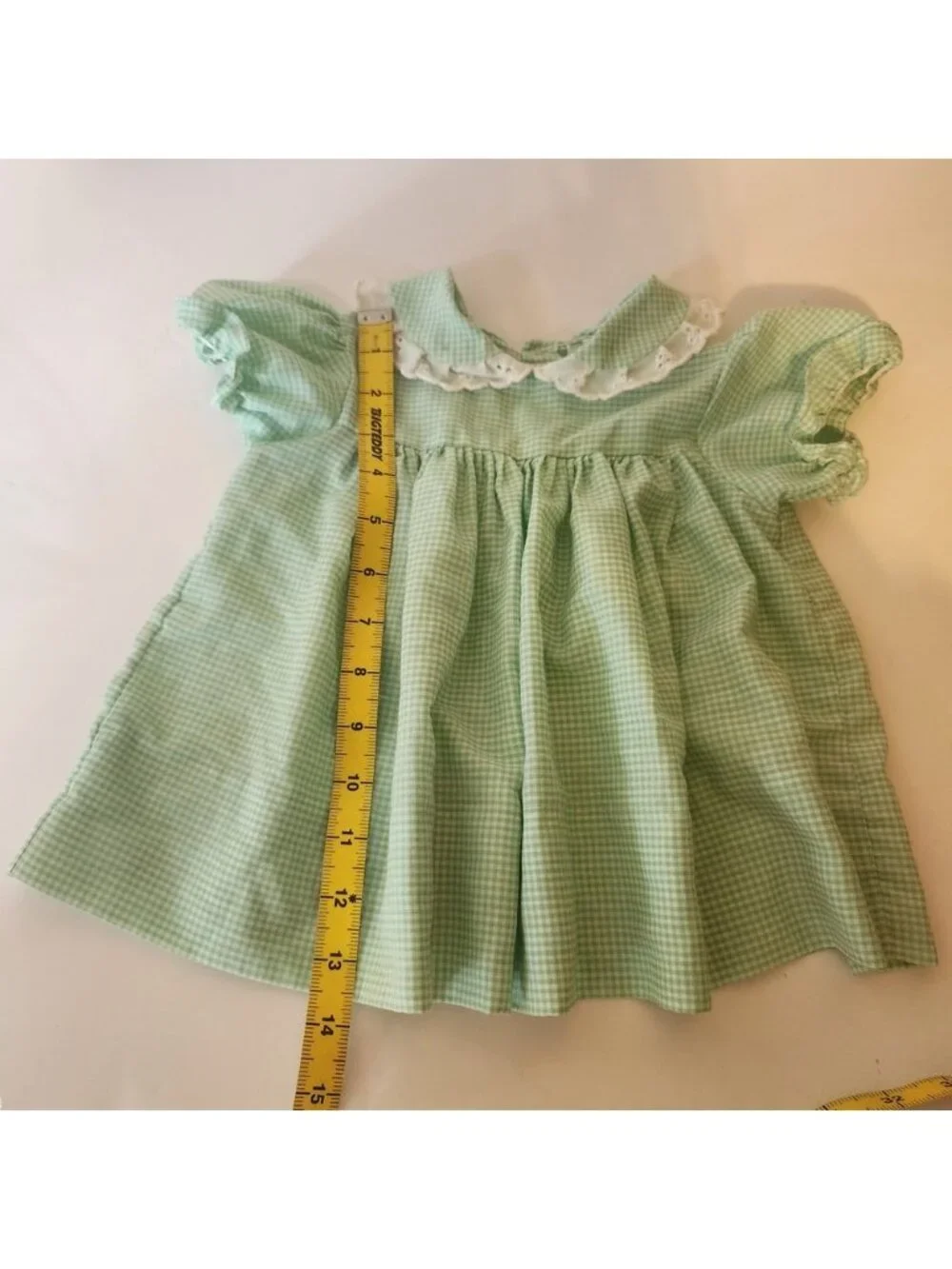 Vintage Handmade Gingham Baby Dress Set fit 6m-2y Lace peter pan collar 2pc